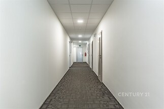 Úzká chodba s kobercem, bílými stěnami a moderním osvětlením, ideální pro komerční prostor nebo kancelářské prostředí.