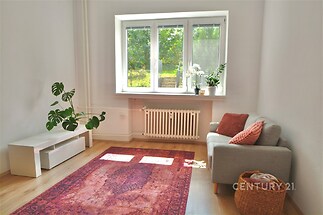 Světlý obývací pokoj s velkými okny, parketovou podlahou a moderním nábytkem, ideální pro komfortní bydlení.