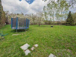 Prostorná zahrada s udržovaným trávníkem a trampolínou obklopená ovocnými stromy poskytuje soukromí a ideální prostor pro rodinnou relaxaci.