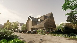 Moderní rodinný dům s dřevěnou fasádou a velkými okny, obklopený udržovanou zahradou.