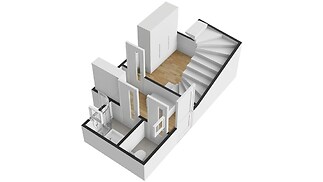 Prázdné schodiště s parketovou podlahou a moderním designem, bílé stěny a dveře.