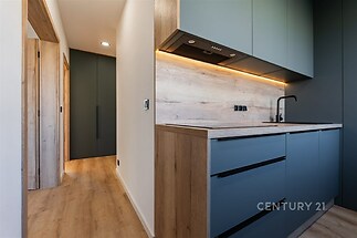 Moderní kuchyň s modrými skříňkami, dřevěnou pracovní deskou a dřevěnou podlahou, vestavěné spotřebiče a světlé LED osvětlení.