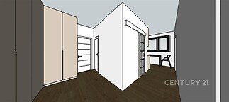 Chodba s tmavou dřevěnou podlahou, vestavěnými skříněmi a moderním designem.