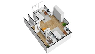 Světlá dětská ložnice s parketovou podlahou, vestavěnými skříněmi a moderním nábytkem.