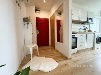 kuchyně s trouba, dřevěná podlaha, dřez, pračka / sušička, a bílé skříně