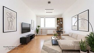 Světlý obývací pokoj s dřevěnou podlahou, moderní nábytkem a velkými okny nabízí elegantní a svěží atmosféru.