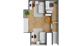 Prostorná ložnice s parketovou podlahou, dvěma lůžky a vestavěnými skříněmi nabízí moderní design a funkční nábytek.