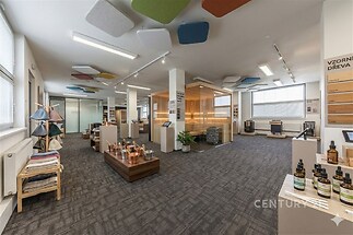 Velká komerční místnost s moderním kobercem, prosklenými příčkami a výraznými stropními panely nabízí světlý prostor vhodný pro kancelářské využití.