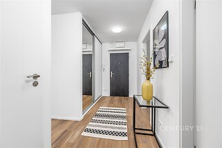 Vstupní hala s vestavěnými skříněmi, moderní dekorací a parketovou podlahou nabízí světlý a elegantní prostor vhodný pro stylové bydlení.