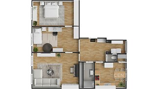 Půdorys moderního bytu s parketovou podlahou, prostorným obývacím pokojem a světlou kuchyní, zahrnující dvě ložnice a koupelnu