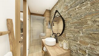 Koupelna s kamennou stěnou, moderním zařízením a dřevěným nábytkem, nabízí stylový petrifikovaný vzhled a elegantní design.