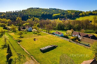 Zahrada u venkovského domku s udržovaným trávníkem, lemovaná vzrostlými stromy, nabízí klidné prostředí a panoramatický výhled na lesy.