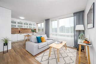 Světlý obývací pokoj s moderní kuchyní, parketová podlaha, velká okna s výhledem, elegantní dekorace, rekonstruovaný interiér.