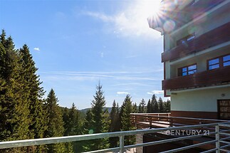 Balkon s nádherným výhledem na les, moderní zábradlí, klidná lokalita.