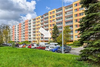 Panelový bytový dům s moderní fasádou, dobře udržovaný obklopený zelení, v klidné lokalitě, s parkovacími místy před domem.