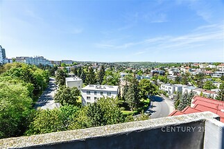 Výhled z terasy nabízí panoramatický pohled na Prahu a vzrostlou zeleň.