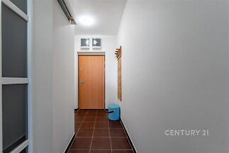 Úzká chodba s dlažbou a dřevěnými dveřmi, vybavená moderním osvětlením. Světlé stěny a vestavěný věšák vytváří čistý vzhled.