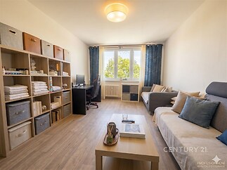 Světlý obývací pokoj s parketovou podlahou, velkými okny a moderním zařízením, poskytuje prostorné a pohodlné prostředí pro relaxaci.