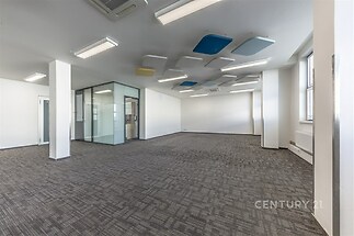 Prostorná kancelář s moderními skleněnými příčkami, světlé LED osvětlení a kvalitní koberec, ideální pro flexibilní pracovní prostředí.