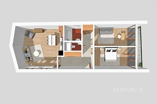 Prostorný bytový půdorys s dřevěnými podlahami, moderním obývacím pokojem a velkými okny, ideální pro světlé interiérové řešení.