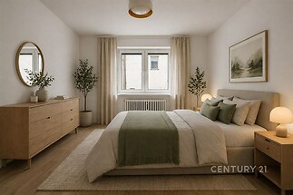 Prostorná ložnice s parketovou podlahou, velká okna a moderní nábytek, působí světlým a útulným dojmem.