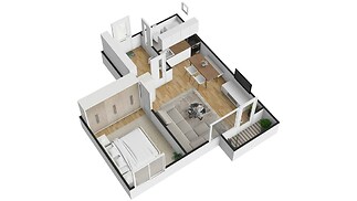 3D půdorys bytu s parketovou podlahou, světlým obývacím pokojem, moderní kuchyní a prostornou ložnicí s vestavěnými skříněmi