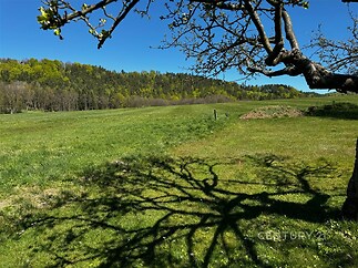 Prázdný řadový pozemek s trávníkem, obklopen přírodou, výhled na lesy a louky, ideální pro stavbu, přírodní klidná lokalita