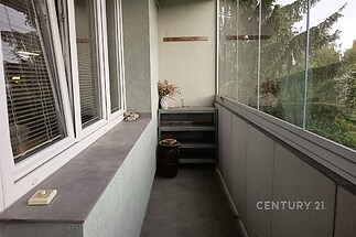 Zasklená lodžie s betonovou podlahou nabízí úložné prostory a pohled na zeleň. Skvělé místo pro relaxaci nebo uskladnění.