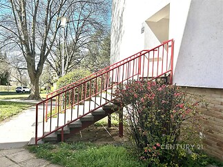 Exteriér bytového domu s venkovním schodištěm a zděnou fasádou, obklopený kvetoucími keři a zelení, klidná lokalita poblíž parku.