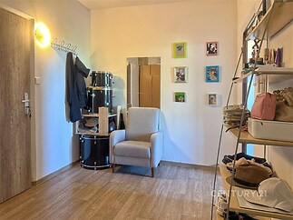 Vstupní chodba s parketovou podlahou nabízí vestavěné skříně, světlé stěny a moderní osvětlení pro příjemný vstupní prostor.