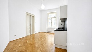Světlý obývací pokoj s parketovou podlahou, velkými okny a moderní kuchyňskou linkou, čerstvě rekonstruovaný interiér.