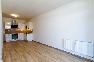 kuchyně s bílé skříně, trouba, radiátor, a dřevěná podlaha