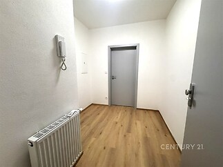 Vstupní hala s parketovou podlahou a světlými stěnami, moderní intercom a bílý radiátor přispívají k elegantnímu designu.