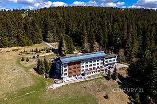 Horský hotel obklopený lesy, nabízí klidné prostředí s přírodním výhledem. Budova má dřevěnou fasádu a prostornou terasu pro relaxaci.