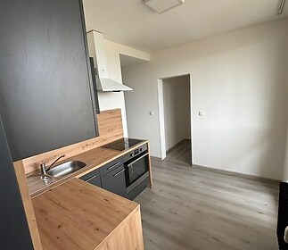 Kompaktní kuchyň s tmavou linkou, dřevěným obložením a moderními spotřebiči, světlá podlaha, minimalistický styl.