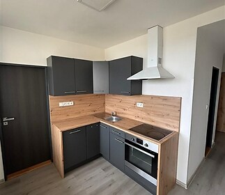 Moderní kuchyň s dřevěnou pracovní deskou, vestavěnými spotřebiči a šedými skříňkami, laminátová podlaha, kompaktní a praktický prostor.