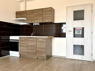 Moderní kuchyň s dřevěnou linkou, vestavěné spotřebiče, parketová podlaha, prostorná dispozice vhodná pro komfortní vaření