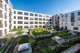 Vnitroblok s moderními bytovými domy a zeleným střešním zahradním prostorem, velká okna a francouzská okna, světlá architektura.