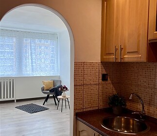 Kompaktní kuchyň s dřevěnou linkou, mramorovou pracovní deskou a obloukovým vstupem do světlého obývacího pokoje s velkými okny a laminátovou podlahou.