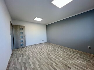 Prázdná světlá místnost s parketovou podlahou, moderní dveře a jedna stěna v šedé barvě, ideální pro flexibilní využití prostoru.