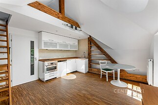 Podkrovní kuchyň s moderními vestavěnými spotřebiči, parketová podlaha, dřevěné trámy, světlý interiér