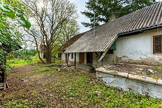 Starý venkovský dům s kamennou zdí a sedlovou střechou, obklopený zahradou, ideální pro rekonstrukci a přeměnu na moderní domov.