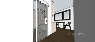Kuchyňský kout s dřevěnou podlahou, moderními úložnými prostory a velkými okny zajišťujícími dostatek světla.