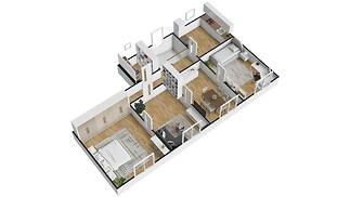 3D půdorys bytu s parketovou podlahou, světlý obývací pokoj s velkými okny, moderní kuchyň a prostorné ložnice s vestavěnými skříněmi