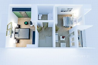 Půdorys bytu se dvěma ložnicemi, parketová podlaha, vestavěné skříně, moderní styl, světlé místnosti.