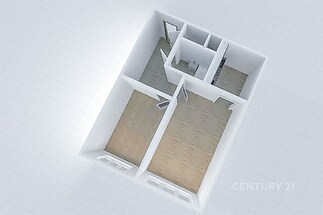 Půdorys bytu s parketovou podlahou, světlé místnosti, velká okna, moderní dispozice.