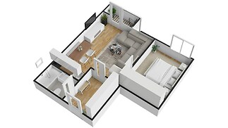 Plán moderního bytu s parketovou podlahou, prostorným obývacím pokojem a světlou ložnicí, vybavený velkými okny a elegantním interiérem.