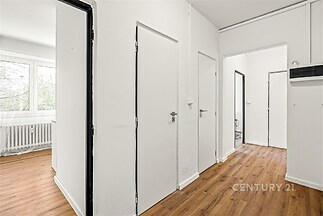 Chodba s dřevěnou podlahou nabízí moderní vzhled, vstup do několika místností, světlé stěny a minimalistický styl.