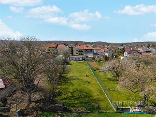 Prostorná zahrada se zeleným trávníkem, ovocnými stromy a klidným okolím, ideální pro relaxaci nebo zahradničení v rezidenční čtvrti.
