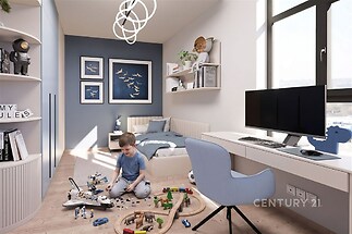 Dětský pokoj s velkými okny, parketovou podlahou a moderním designem. Světlé tóny a vestavěné skříně poskytují prostornost.